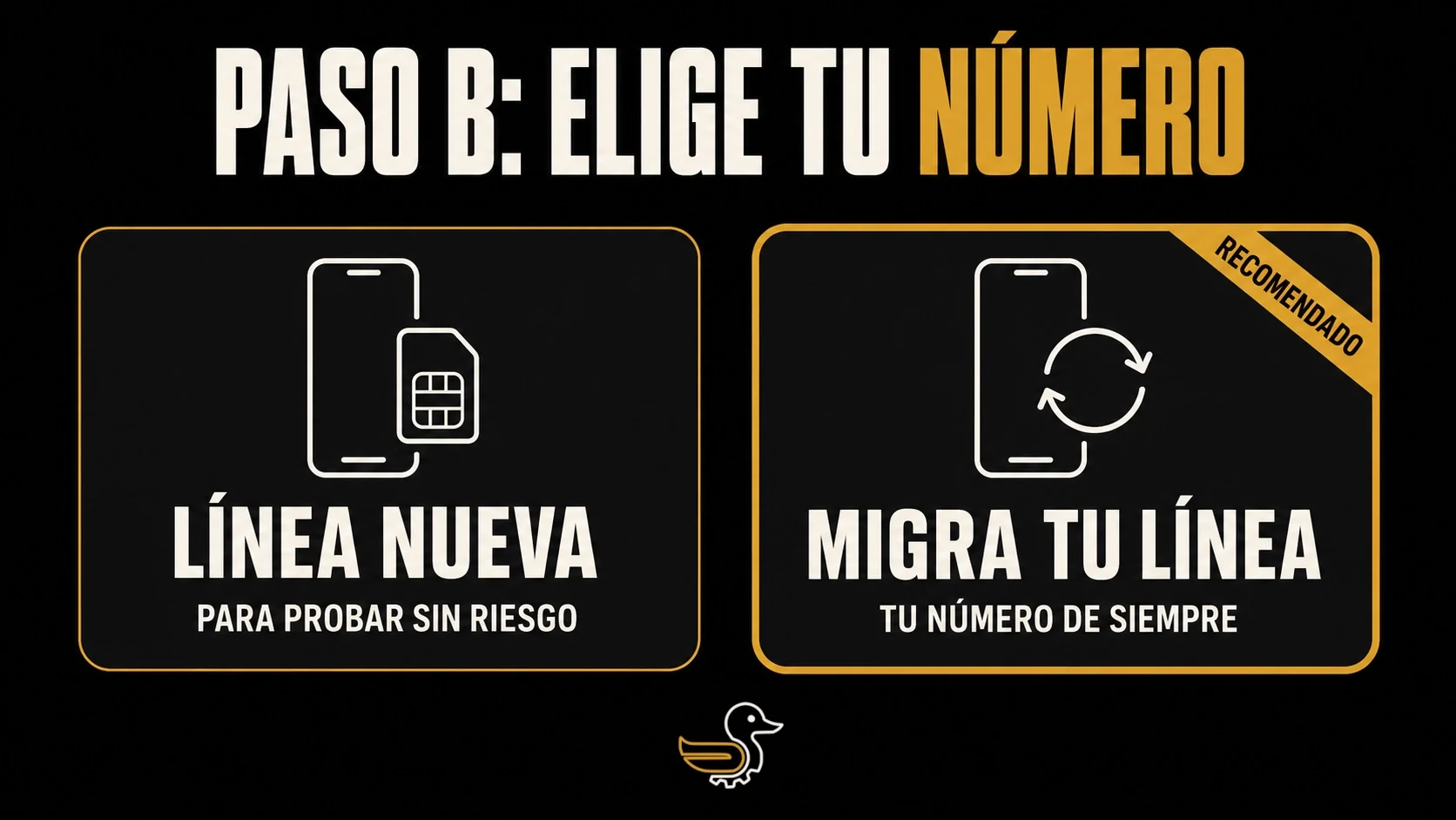 Paso B para elegir tu número de WhatsApp: dos opciones — una línea nueva para probar sin riesgo, o migrar tu línea de siempre (opción recomendada).